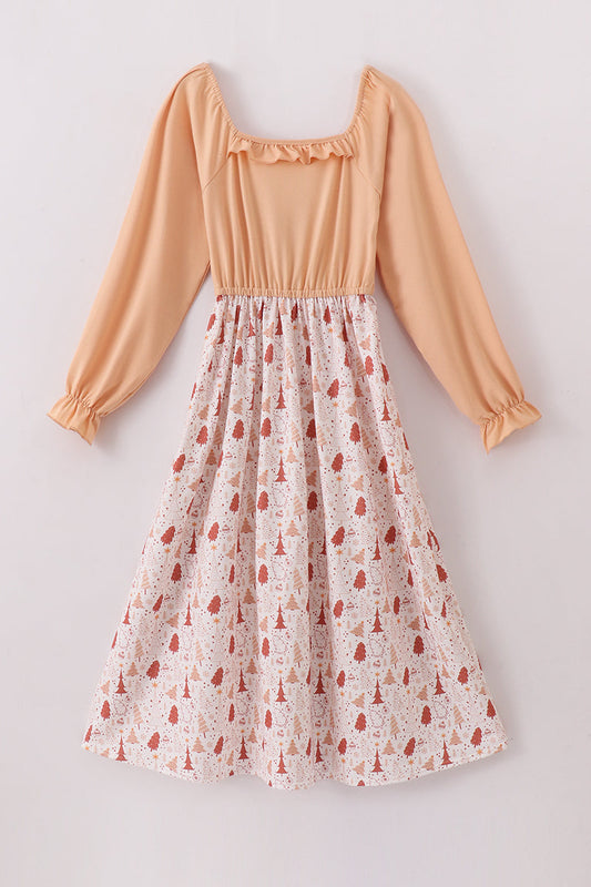 Khaki Christmas Tree Appliqué Women's Dress - Festive Mom Style
