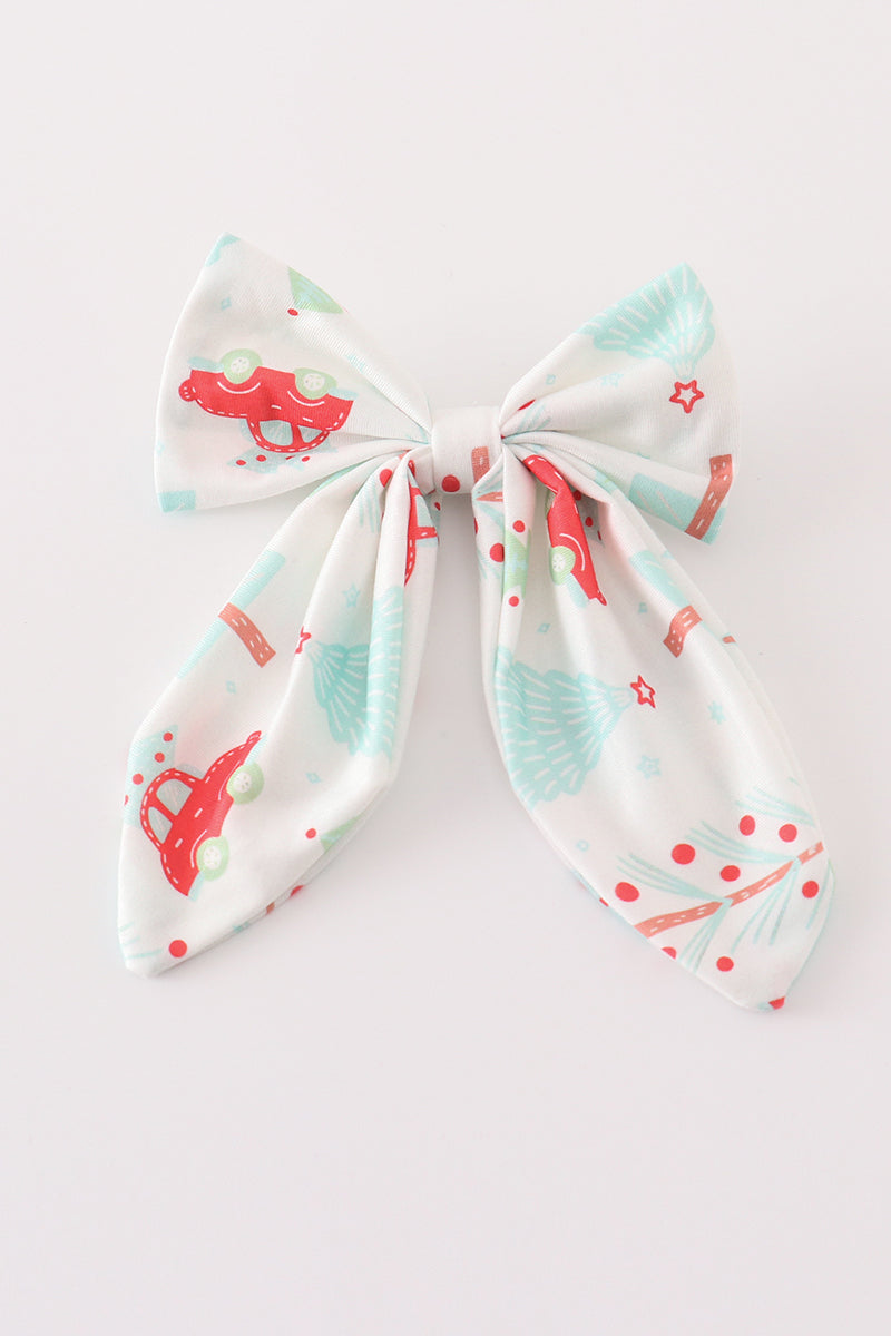 Christmas Tree Car Print Hair Sailor Bow - Festive Holiday Accessory for Girls