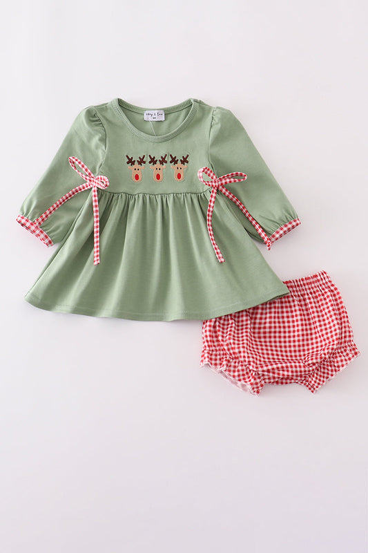 Green Christmas Reindeer Embroidery Bloomer Set - Sweet Holiday Style for Girls