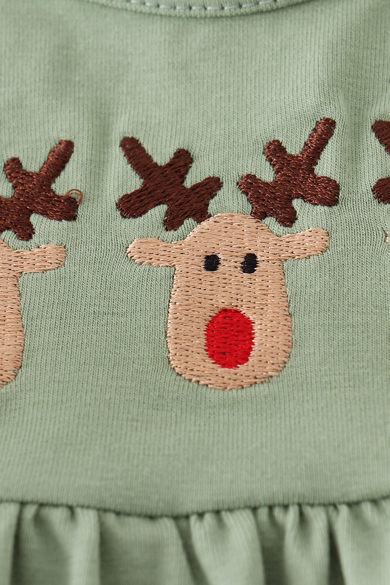 Green Christmas Reindeer Embroidery Bloomer Set - Sweet Holiday Style for Girls