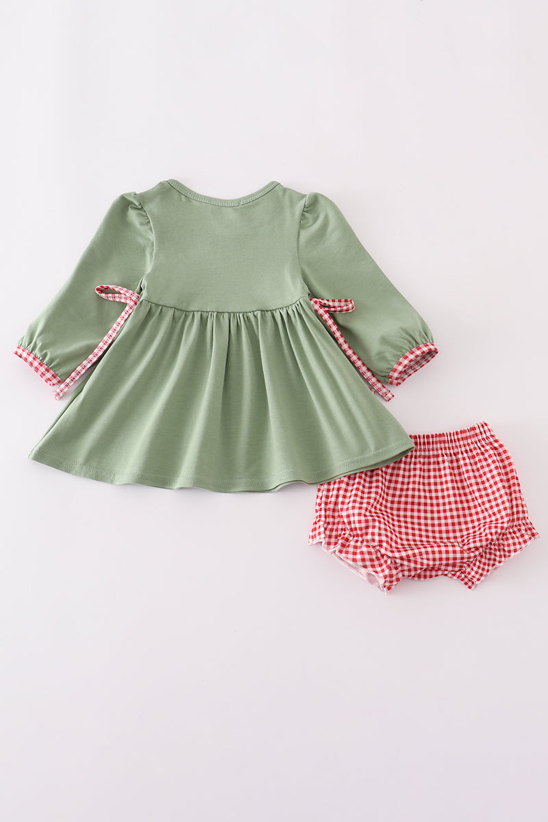 Green Christmas Reindeer Embroidery Bloomer Set - Sweet Holiday Style for Girls