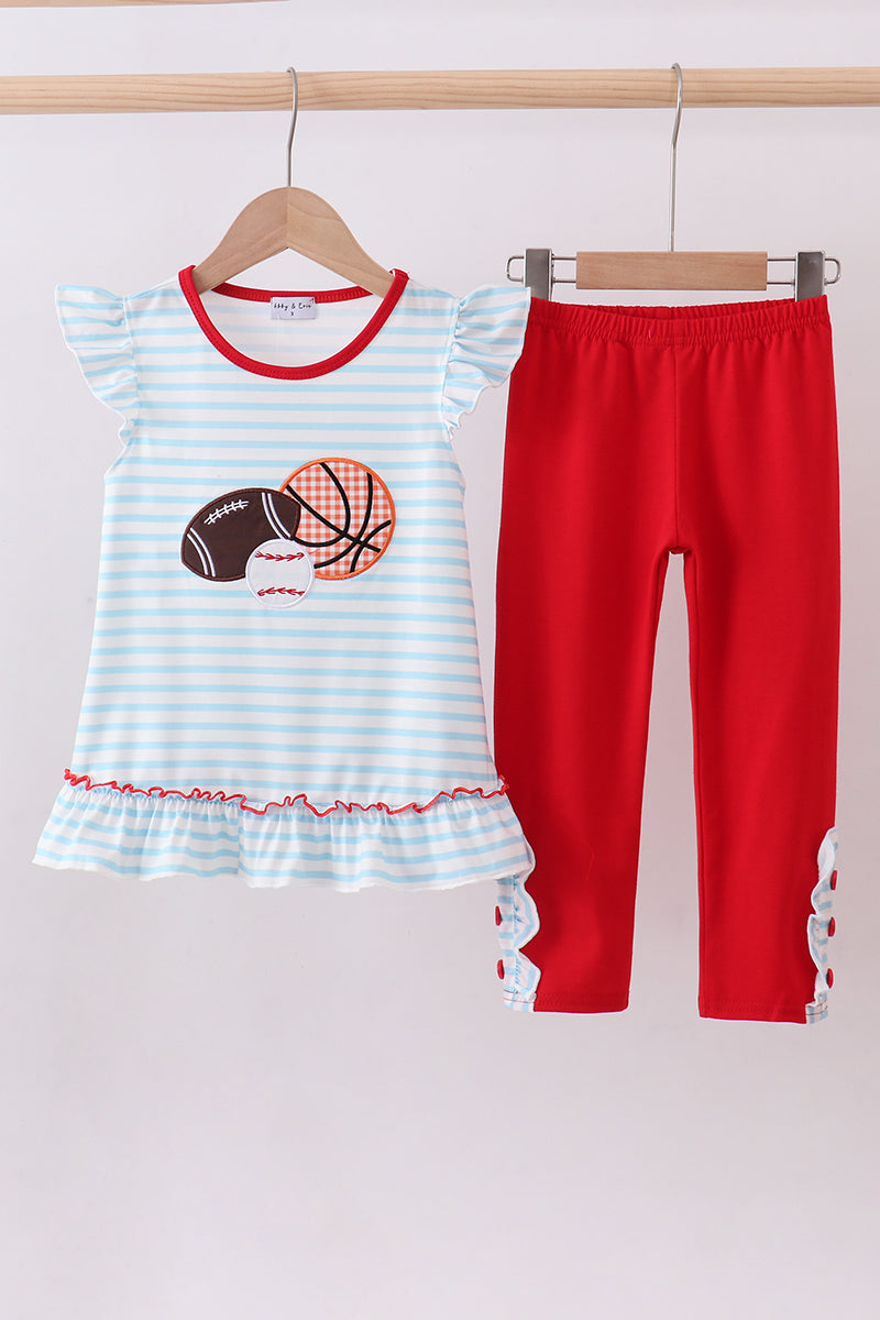 Blue Stripe Sports Trio Applique Ruffle Pants Set