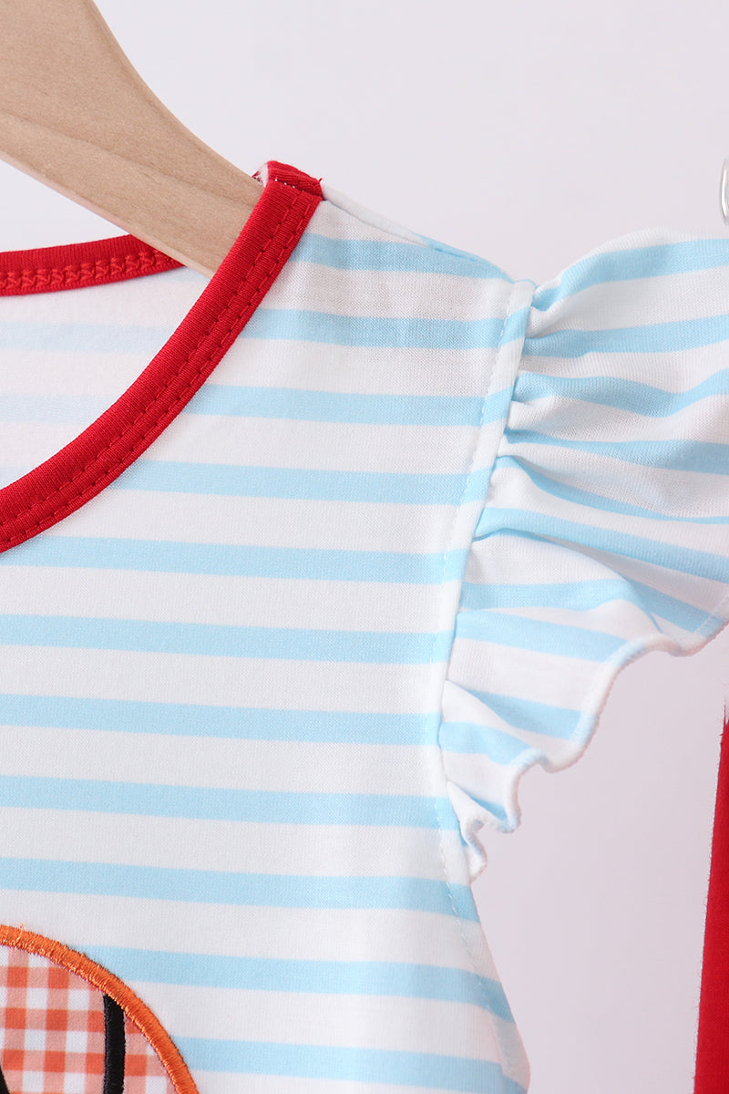 Blue Stripe Sports Trio Applique Ruffle Pants Set