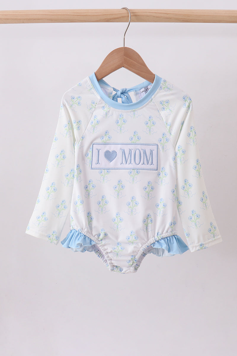 Blue "I Love Mom" Hydrangea Rash Guard Swimwear