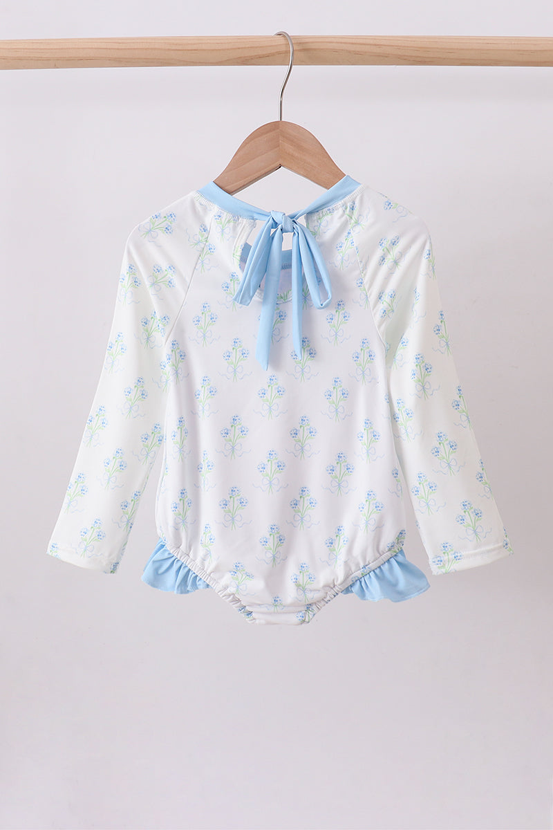 Blue "I Love Mom" Hydrangea Rash Guard Swimwear