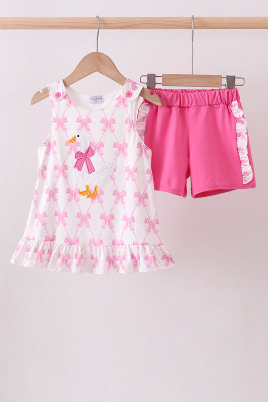 Pink Bow Goose Appliqué Ruffle Shorts Set - Sweet & Whimsical Little Girl Style