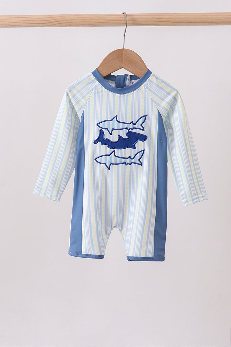 Blue Shark Applique Stripe Swimsuit for Boys