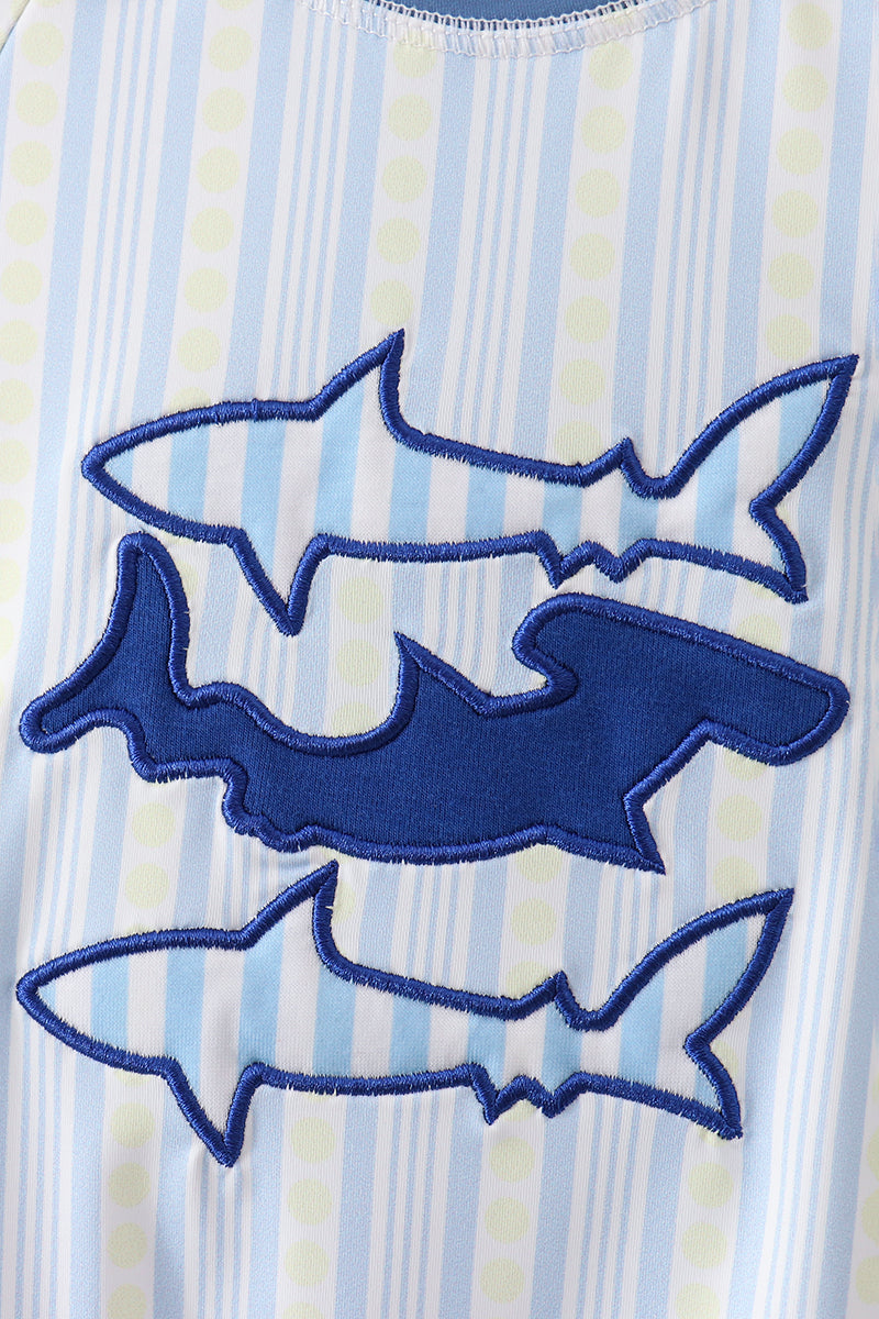 Blue Shark Applique Stripe Swimsuit for Boys