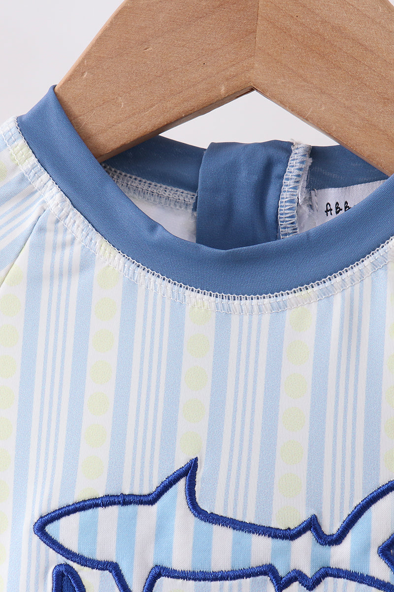 Blue Shark Applique Stripe Swimsuit for Boys