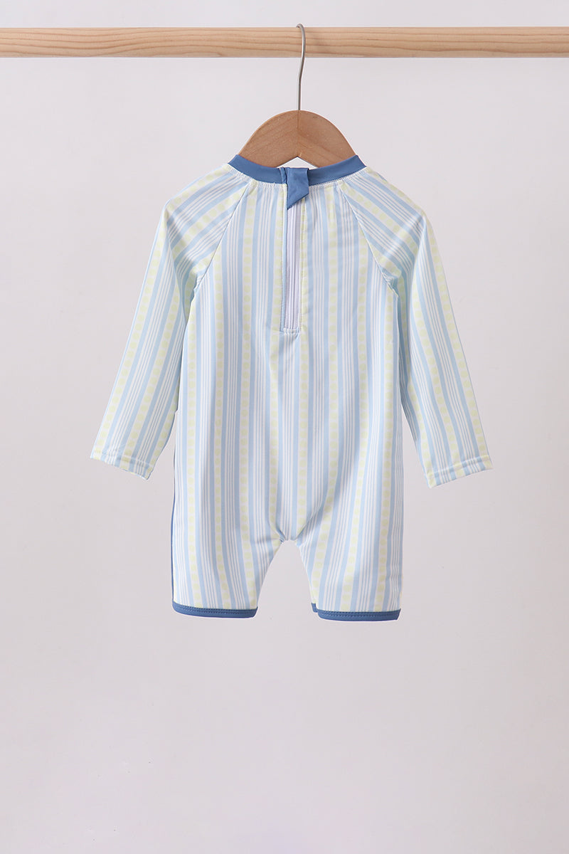 Blue Shark Applique Stripe Swimsuit for Boys