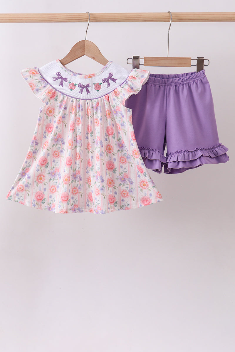 Purple Rose Bow Smocked Shorts Set