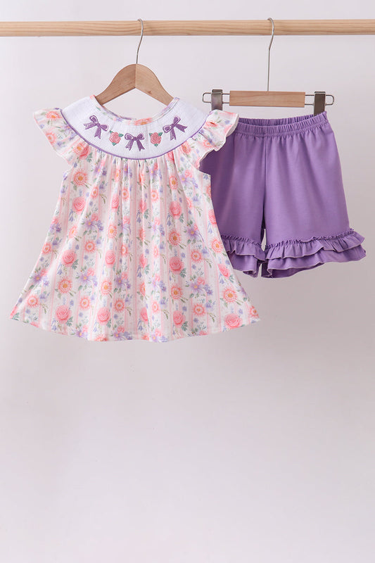 Purple Rose Bow Smocked Shorts Set