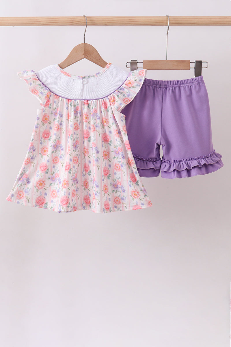 Purple Rose Bow Smocked Shorts Set