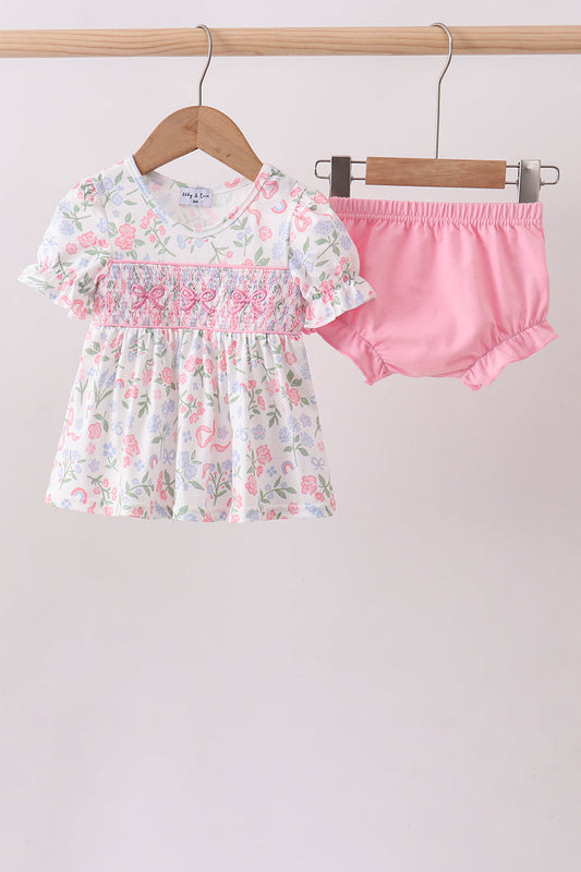 Pink Floral Bow Smocked Bloomer Set