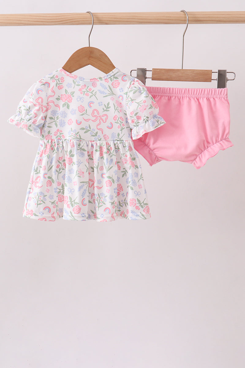 Pink Floral Bow Smocked Bloomer Set