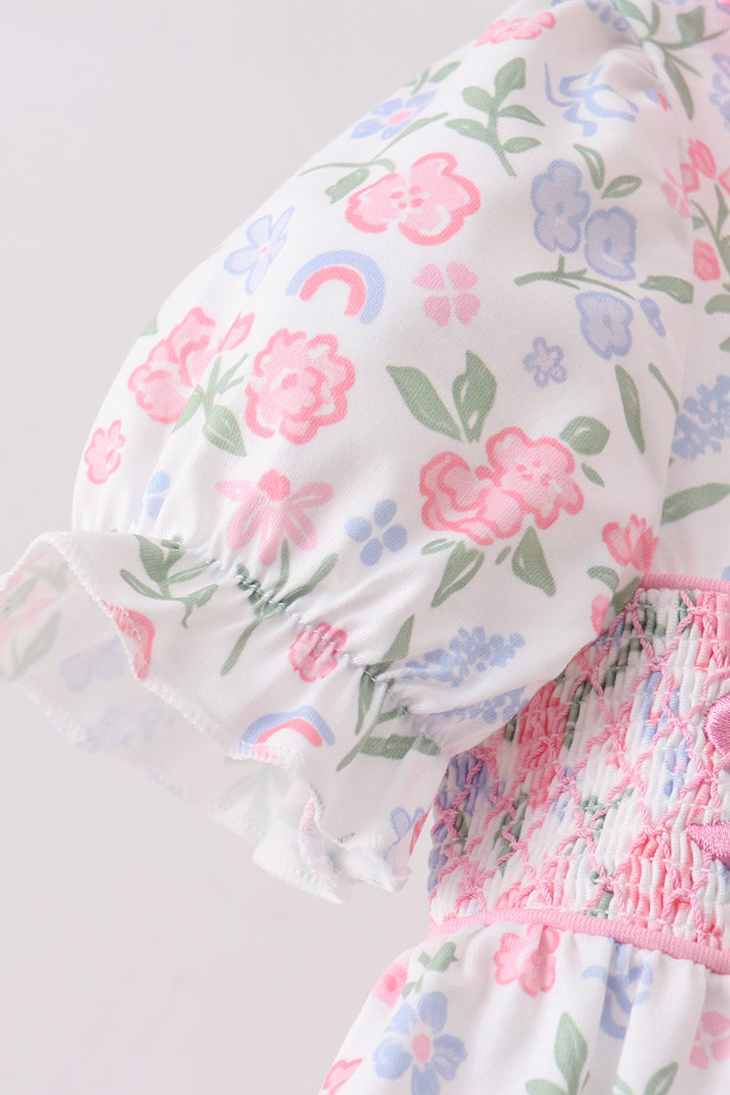 Pink Floral Bow Smocked Bloomer Set