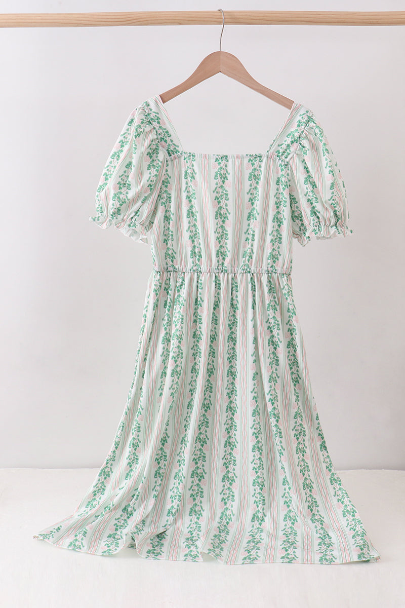 Women's Green Floral Stripe Dress (length 41.33in)