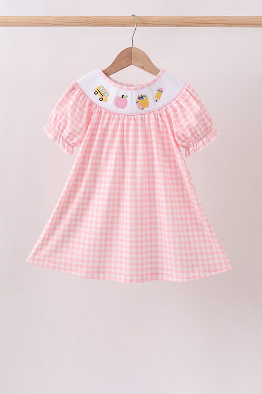 Pink Apple Bus Smocked Dress – Back-to-School Girls Smocked Dress