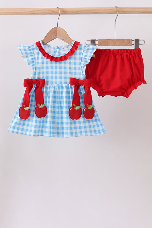 Blue Apple Appliqué Gingham Bloomer Set – Sweet Back-to-School Style for Girls