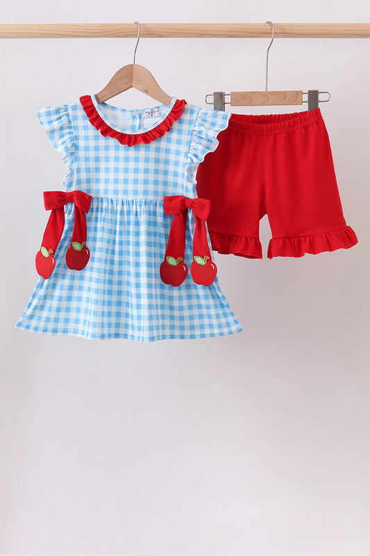 Blue Apple Appliqué Gingham Ruffle Set – Sweet & Preppy Girls Two-Piece