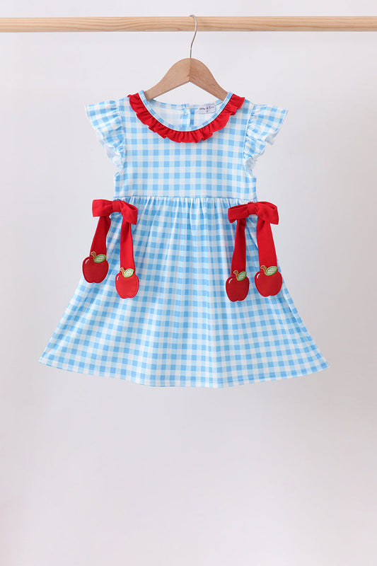 Blue Apple Appliqué Gingham Ruffle Dress – Sweet Back-to-School Style for Girls