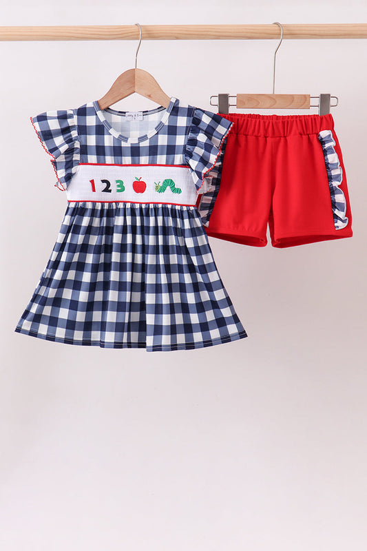 Navy Apple Smocked Ruffle Gingham Set – Preppy Girls Two-Piece