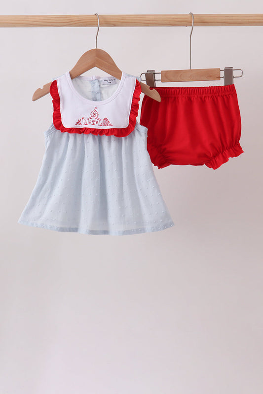 Blue Embroidered Swiss Dot Bloomer Set – Delicate & Feminine Girls Two-Piece
