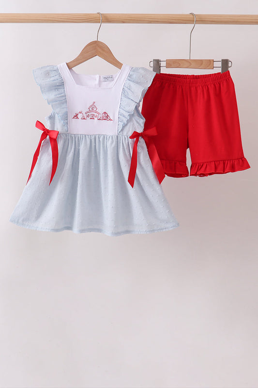 Blue Embroidered Swiss Dot Ruffle Set – Elegant Girls Two-Piece