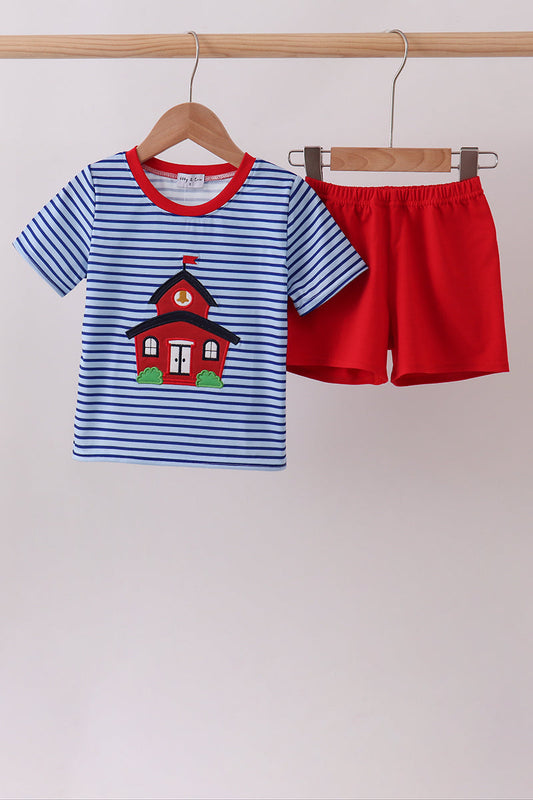 Blue Stripe Schoolhouse Appliqué Set – Sweet Girls Back-to-School Two-Piece