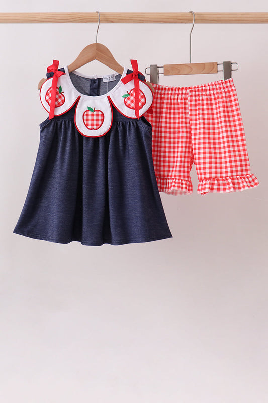 Navy Apple Applique Denim Ruffle Set - Adorable Back-to-School Style for Girls