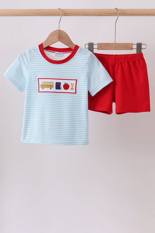Blue Apple Pencil Embroidered Set – Sweet Back-to-School Style for Little Girls