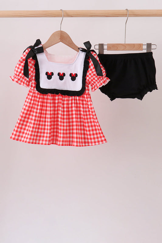 Red Character Plaid Embroidered Bloomer Set – Festive Baby Girls Two-Piece