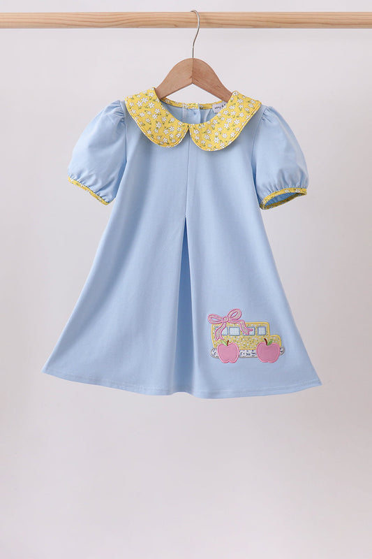 Blue Bus Floral Applique Dress - Whimsical & Charming Little Girl Style