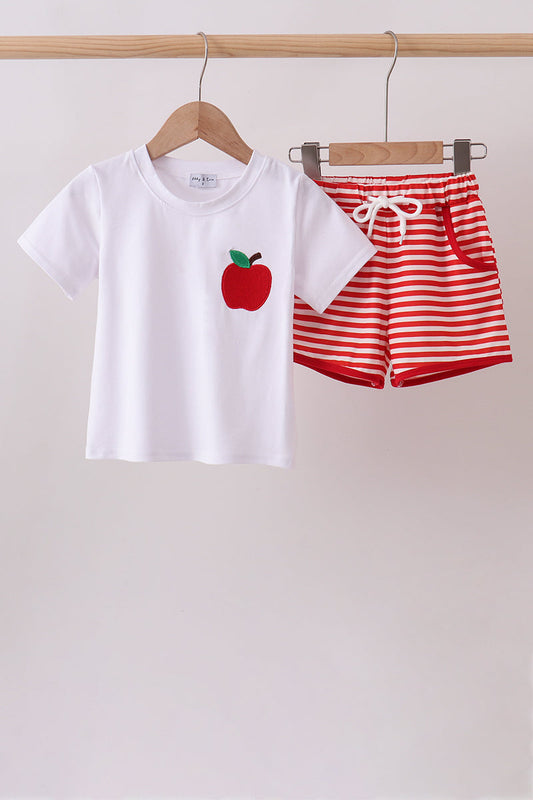 Red Stripe Apple Embroidered Set - Adorable Little Girl Style