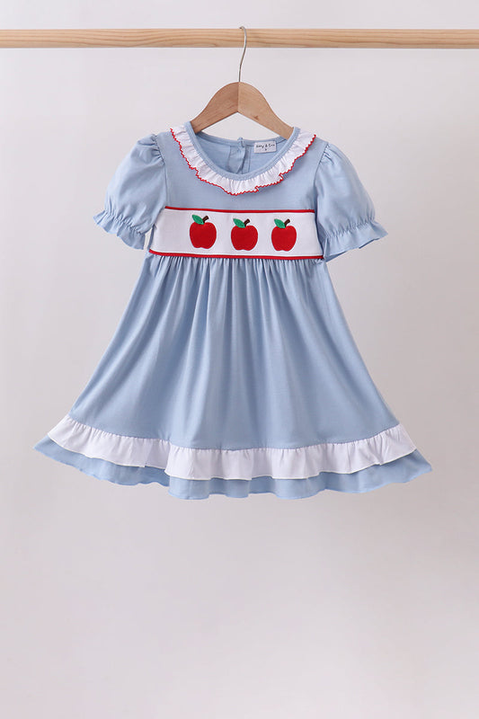 Blue Apple Embroidered Dress – Sweet & Charming Back-to-School Style for Girls