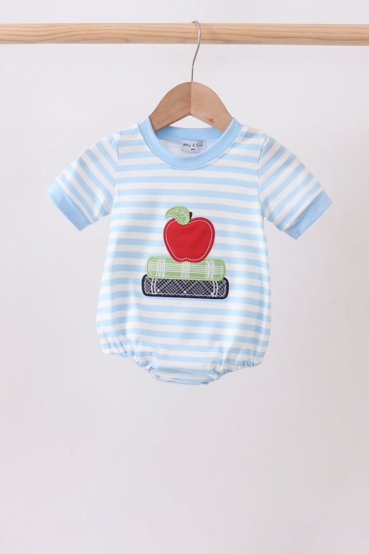 Blue Stripe Apple Book Appliqué Bubble – Adorable Back-to-School Baby Style