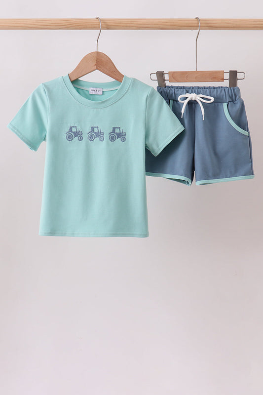 Blue Farm Tractor Embroidered Set - Cute & Playful Little Girl Style