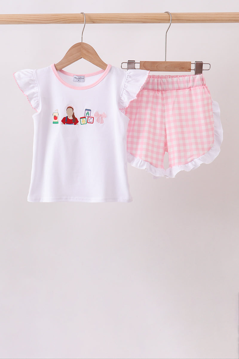 Pink Pencil ABC Embroidery Gingham Ruffle Shorts Set – Back-to-School Style for Girls