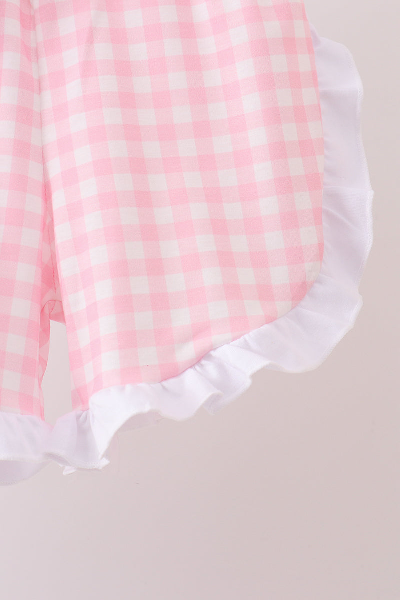 Pink Pencil ABC Embroidery Gingham Ruffle Shorts Set – Back-to-School Style for Girls