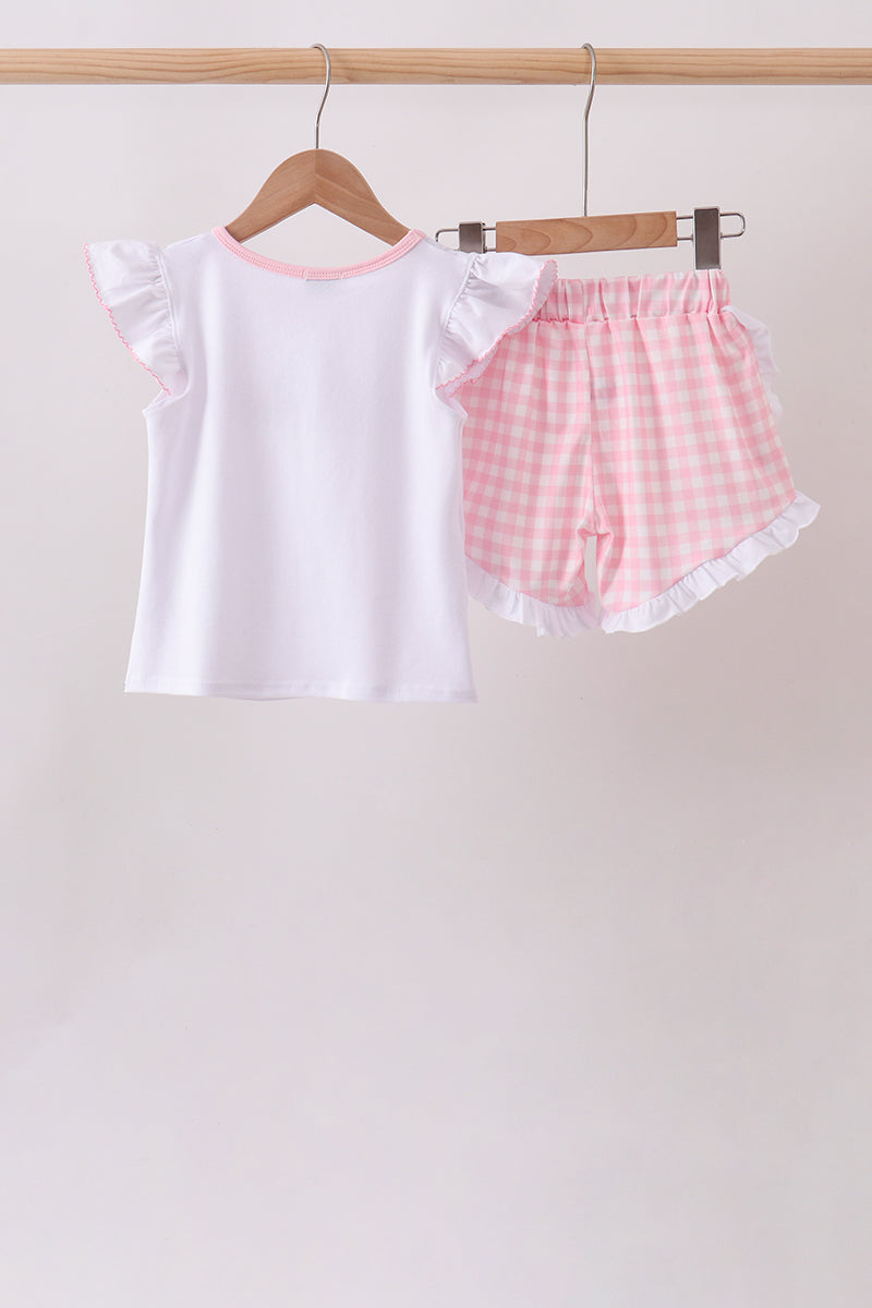 Pink Pencil ABC Embroidery Gingham Ruffle Shorts Set – Back-to-School Style for Girls