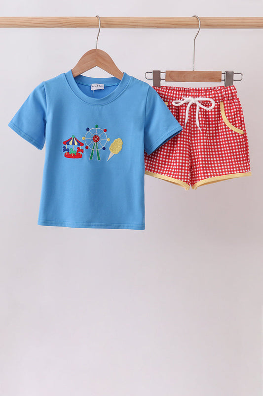Blue Carousel Embroidered Shorts Set - Whimsical & Sweet Little Girl Style