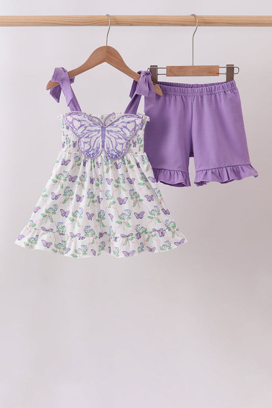 Purple Butterfly Applique Shorts Set – Whimsical & Playful Girls Outfit