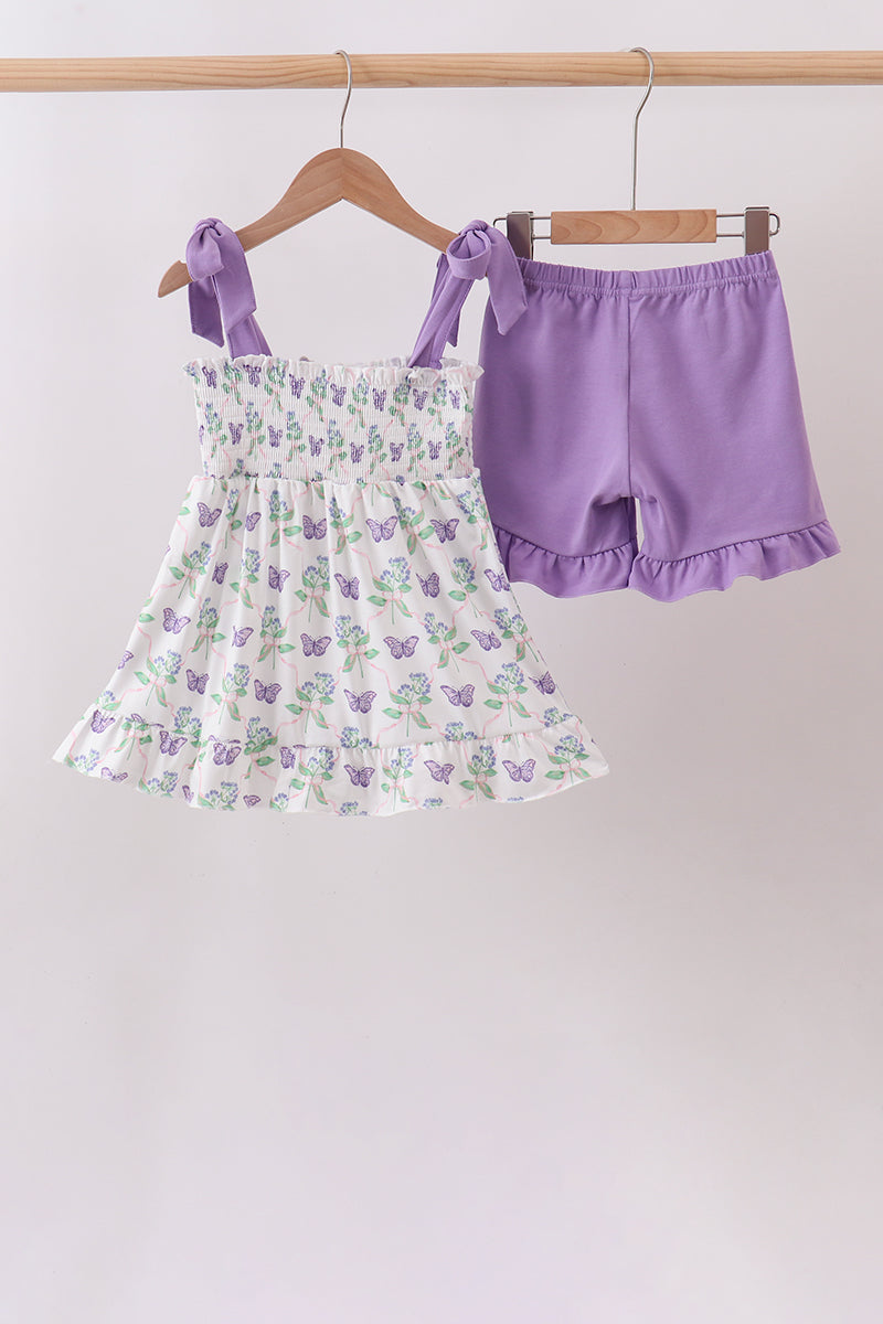 Purple Butterfly Applique Shorts Set – Whimsical & Playful Girls Outfit