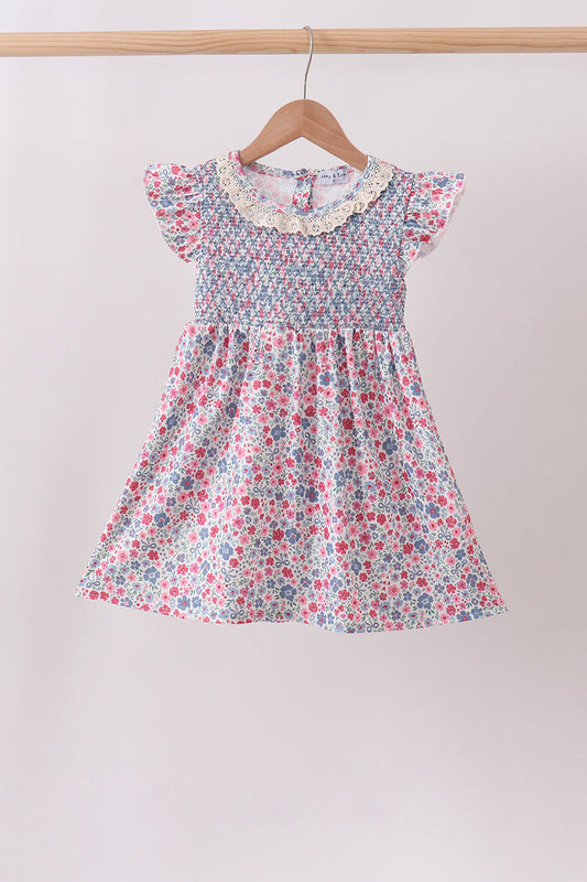 Blue Floral Smocked Ruffle Dress – Feminine Girls Dress