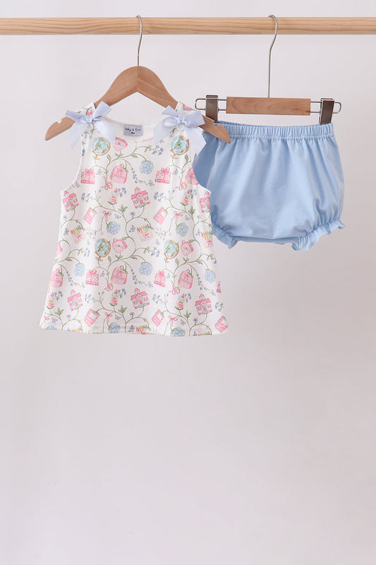 Blue Hydrangea Ruffle Bloomer Set – Garden-Inspired Girls Two-Piece