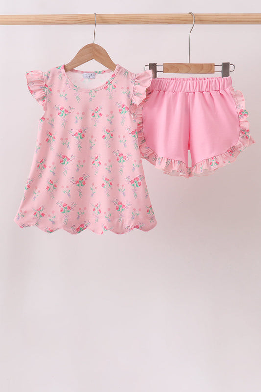Pink Floral Ruffle Shorts Set – Sweet Floral Girls Two-Piece