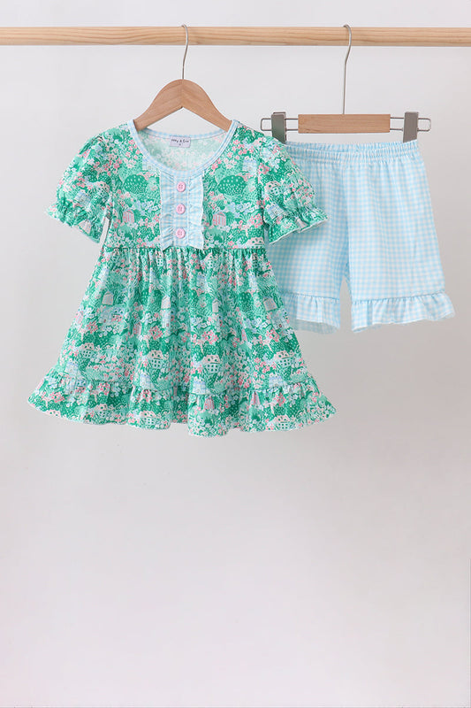 Green Floral Ruffle Shorts Set – Fresh & Feminine Girls Style