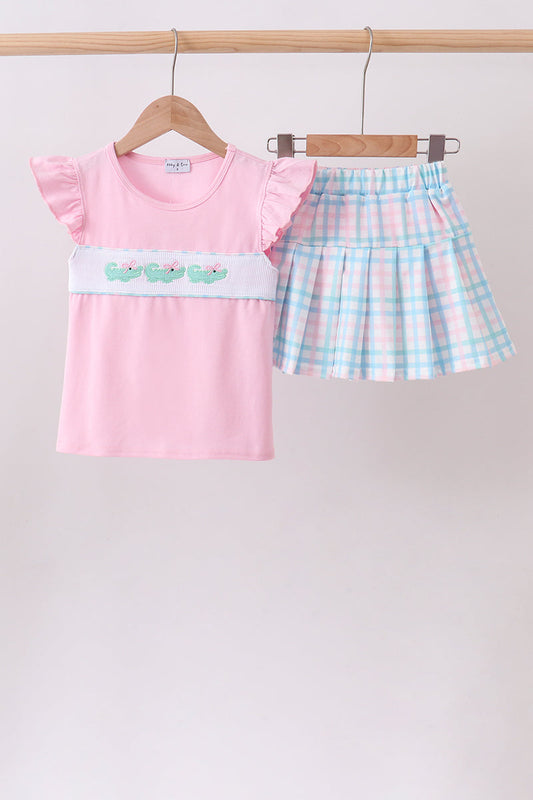 Pink Crocodile Smocked Skorts Set – Playful & Polished Girls Two-Piece