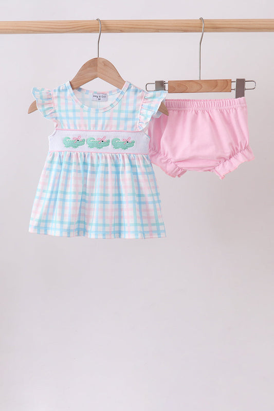 Pink Crocodile Smocked Gingham Bloomer Set – Playful & Sweet Baby Girl Style