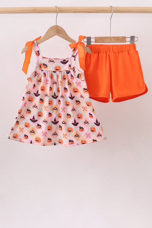 Pumpkin Spider Bow Shorts Set - Spooky Sweet Little Girl Halloween Style